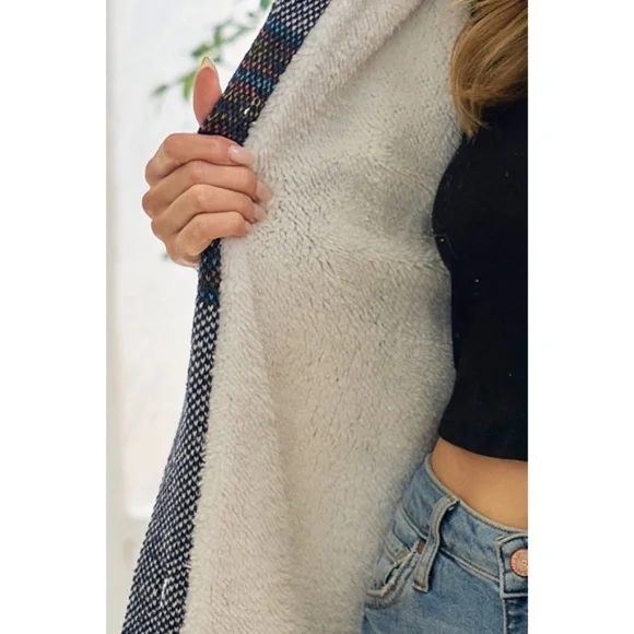 SOLD OUT Navy Rainbow Aztec Sherpa Lined Knit Button Hooded Cardigan Long Sleeve - Picture 5 of 7